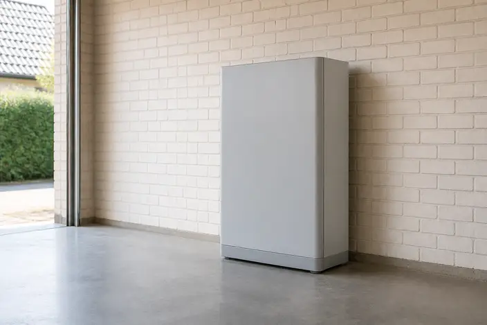 AI-beeld: een lichtgrijze kast van een thuisbatterij op een betonnen vloer, tegen een lichte bakstenen muur in een lege garage