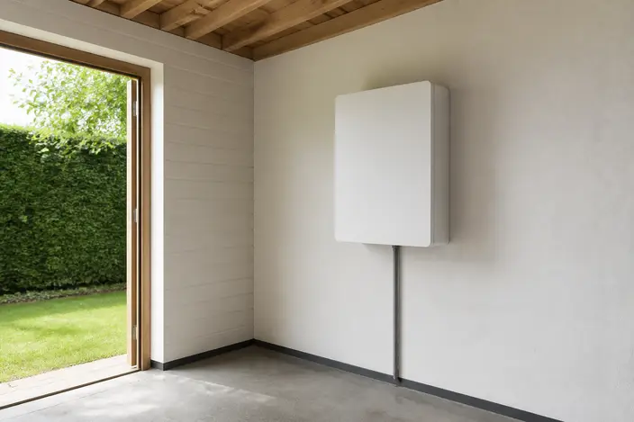 AI-beeld: een witte thuisbatterij aan de muur van een lichte tuinschuur, met een grijze kabel naar beneden in een buis, en een open deur naar de tuin